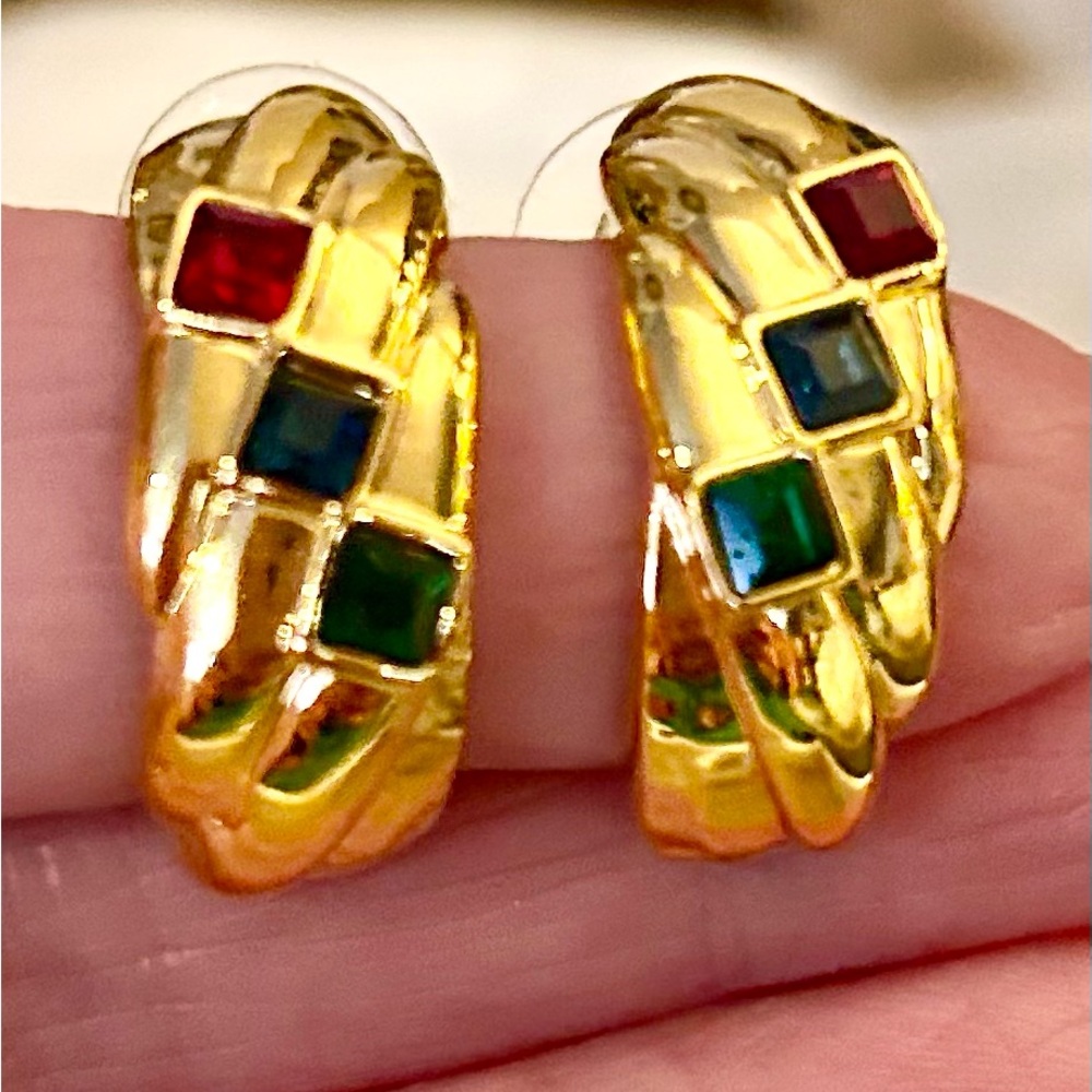 Mughal Color Stones on Gold Semi-Hoop Earrings 1990’s - Picture 5 of 8